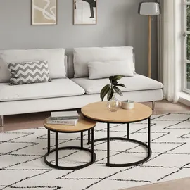 home collective Couchtisch 2er Set aus Holz, Wohnzimmertisch Modern in Beistelltisch Set 2 in 1 mit Metallgestell für Wohnzimmer rund Eiche hell