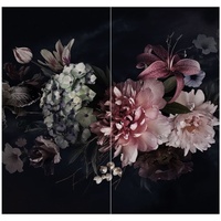 Duschrückwand - Blumen mit Nebel auf Schwarz, Material:Hartfolie Premium Glanz 0.61 mm, Größe HxB:2-teilig à 200x80 cm