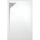 MIRLO Mineralguss Duschwanne extra flach Trinity Weiß Ablaufschutz Chrom Ablauf Linksbündig 80x120cm