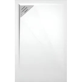 MIRLO Mineralguss Duschwanne extra flach Trinity Weiß Ablaufschutz Chrom Ablauf Linksbündig 80x120cm