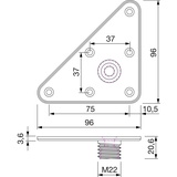 PORRO Befestigungsplatte für Dekorfuß Torino - Möbelfuß 10cm - Dreieck Adapterplatte 125x96mm für Tischbeine mit Gewinde M22, Stahl
