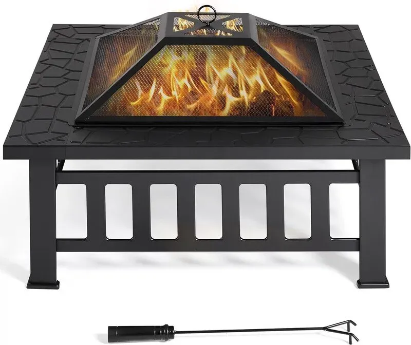 Yaheetech 34 '' Outdoor-quadratischer Feuerring Metall-Gartenherd Feuerschale zum Grillen, Heizen und Kühlen von Getränken mit Abdeckung und Schürhaken Schwarz