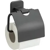WENKO Turbo-Loc® Toilettenpapierhalter ohne Bohren Mod. Porto Black, Wandmontage mit Klebepad, optional zum Schrauben, Klopapierhalter mit Deckel für eine Rolle, lackierter Edelstahl, schwarz matt