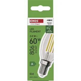 EMOS LED Lampe Edison Candle, 3,8W Ersatz für 60W Glühbirne, A Klasse, E14 Sockel, Helligkeit 806 lm, Neutralweiß 4000 K, Lebensdauer 50000h, ZF...