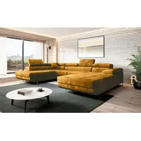 Easy4You Senf Ecksofa Varberg Velours in U-Form 345 x 72 x 205 cm mit Schlaffunktion und Bettzeugbehälter - Schlafsofa mit Bettkasten - Eckcouch m... - Gelb