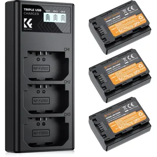 K&F Concept NP-FZ100 Kamera Akkus(3er Pack) mit 3-Slot Ladegerät,2280mAh Batterien für Sony Alpha A7III,A7IV,A7R III/A7R3,A7RIV,A7RV,A7C,A7S III/A7S3,A9,A9II,A6600,A9R,A9R,9S,FX3,FX30