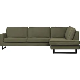 PLACES OF STYLE Ecksofa »Pinto, 290 cm, Cord, Chenille, Lederoptik, Ottomane links / rechts«, mit Keder, schwarze Metallfüße, Wellenunterfederung, grün