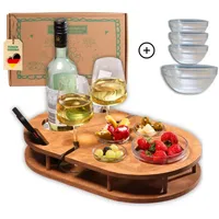 pegsen Weinbar für die Couch in Eiche mit 4 Glasschalen | Couchbar Snackbox für Wein mit Getränkehalterung für Weingläser und Weinflasche | Sofabar für Snacks | Couch Tablett | Snackbar