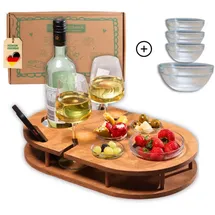 pegsen Weinbar für die Couch in Eiche mit 4 Glasschalen | Couchbar Snackbox für Wein mit Getränkehalterung für Weingläser und Weinflasche | Sofabar für Snacks | Couch Tablett | Snackbar