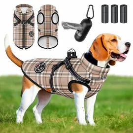 Lovpet Hundejacke Hundemantel mit Geschirr, inkl. 45 Stück Kotbeutel + Spender, Hunde Winterweste gefüttert wasserdicht, Gepolsterte Weste Mit Brustgurt, Beige