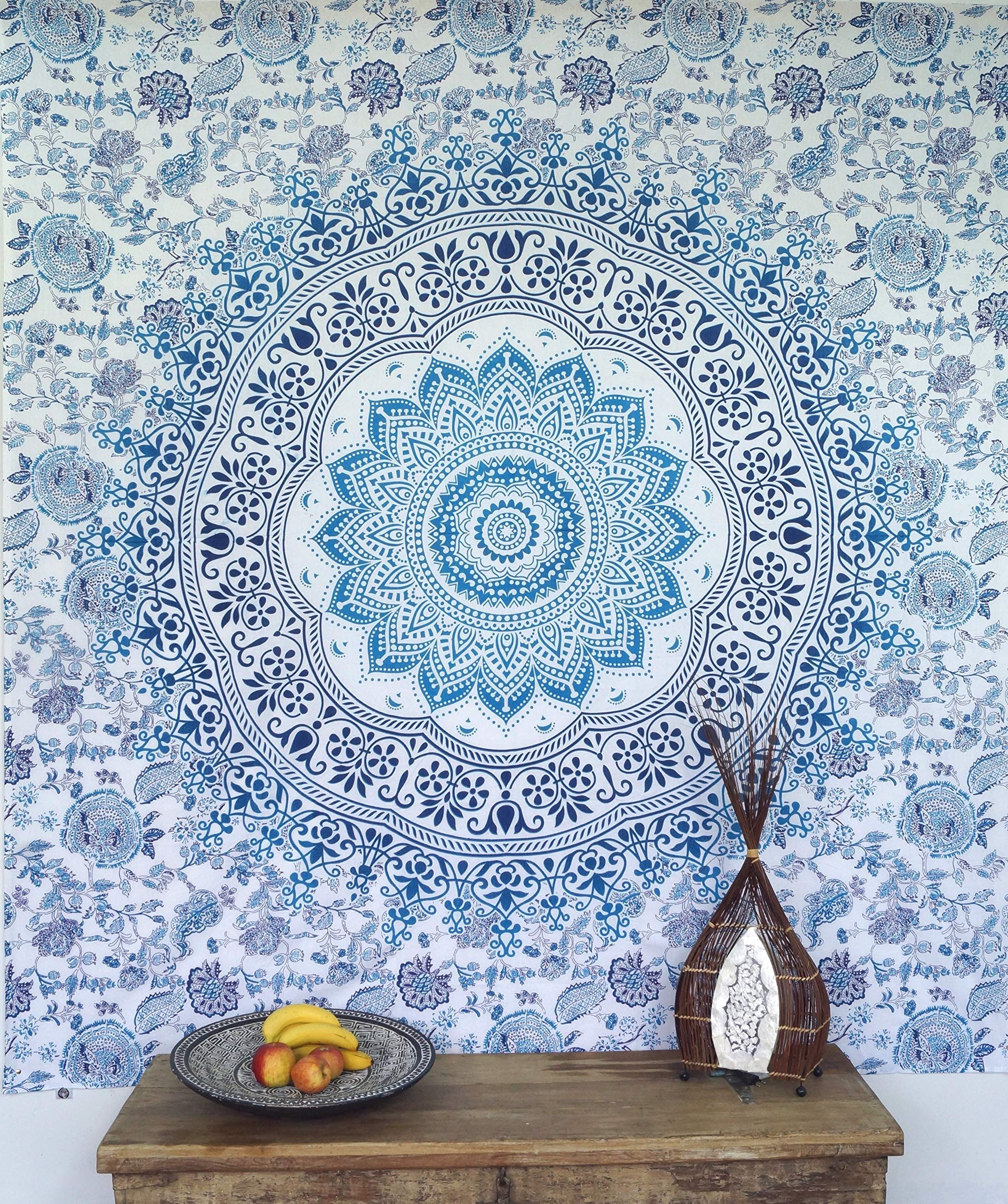 GURU SHOP Boho-Style Wandbehang, Indische Tagesdecke Mandala Druck - Blau/türkis/weiß, Baumwolle, 210x220x0,2 cm, Bettüberwurf, Sofa Überwurf