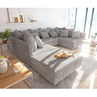 Couch Clovis Hellgrau Strukturstoff mit Hocker Wohnlandschaft Modulsofa - Grau/Hellgrau