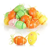 COM-FOUR® 24x handbemalte Ostereier zum Aufhängen - pastellfarbene Osterdeko mit tollen Mustern - Deko Ostereier mit Schnur zum Aufhängen - Größe: 6 cm