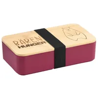 KESPER | Brotdose mit Bambusdeckel und flexiblem Stoffband, Material: Kunststoff/FSC®-zertifizierter Bambus, Gravur „Bären Hunger“, Maße: 18,5 x 10,5 x 5 cm, Farbe: Rot | 58543