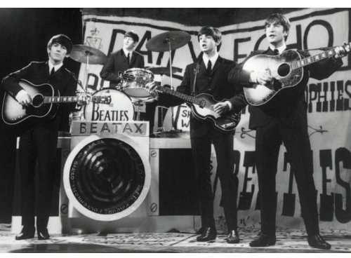 The Beatles On stage Black And White Retro Postcard Photograph 100% Official