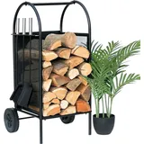 DanDiBo Ambiente DanDiBo Kaminholzregal Innen Metall Schwarz Kaminholzständer 80 cm mit Kaminbesteck und Rädern 96358 Kaminholzwagen Holzkorb Kaminholzhalter Holzregal