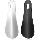 Amazleer Edelstahl Schuhlöffel, 10 cm, 2 Stück, Metall Schuhanzieher mit Aufhängelöchern (silber&schwarz)