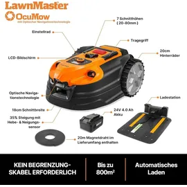 LAWNMASTER OcuMow®18 m?hroboter ohne Begrenzungskabel für bis zu 800©O 4ah Batterie Optische Navigation, Hindernisvermeidung, Automatische Ladestation, virtuelle Sperrzonen, WLAN Bluetooth App