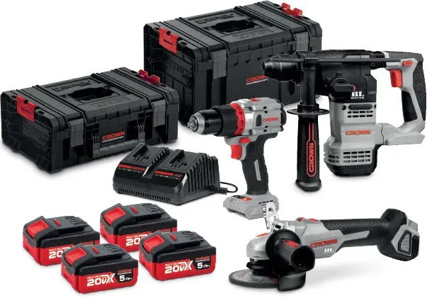 CROWN Akku Bohrhammer / Schlagbohrschrauber / Winkelschleifer 20 V Set