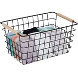 Relaxdays Drahtkorb Gitter Design mit Holzgriffen 31 x 21 x 16 cm schwarz