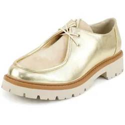 Schnürschuh FINDLAY "PYARA", Damen, Gr. 38, goldfarben, beige, Polyurethane, Schuhe Schnürschuh, im Loafer-Stil mit Material-Mix