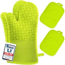 MILCEA Ofenhandschuhe Topflappen Topfhandschuhe 4er Set - Ofenhandschuhe Hitzebestaendig bis 300°C, Rutschschutz, Verlängern, Weich, Backhandschuhe Kochhandschuhe Oven Gloves, Grün