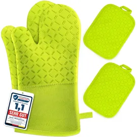 MILCEA Ofenhandschuhe Topflappen Topfhandschuhe 4er Set - Ofenhandschuhe Hitzebestaendig bis 300°C, Rutschschutz, Verlängern, Weich, Backhandschuhe Kochhandschuhe Oven Gloves, Grün