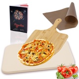 Melko Pizzastein für Backofen & Gasgrill - 4er Set - inkl. Pizzaschieber Kochbuch Dauerbackfolie - Pizza Stein aus Cordierit - Für knusprigen Pizzaboden - Backstein für Backofen Brot