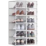 Famanu Schuhboxen, Set von 12, Aufbewahrungsboxen für Schuhe, faltbar und stapelbar, transparent-weiß