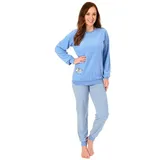 Normann Pyjama Damen Frottee Schlafanzug mit Bündchen und süsser Tier Applikation blau 36/38