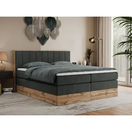 MKS Meble King Boxspringbett 160x200 mit Bettkasten Eiche, Polsterbett mit Matratze H3, Bett mit Rahmen in Wotan Eiche und Kopfteil... - Dunkelgrau