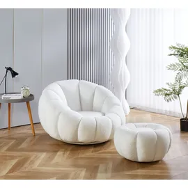SalesFever Sessel Bonn Teddyfell 97 x 65 x 95 cm Weiß mit Hocker drehbar