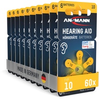 Ansmann Hörgerätebatterien gelb P10 PR70 ZL4, 60 Stück, Made in Germany, Vorratspack, Batterien für Hörgeräte & Hörhilfen, leicht greifbar