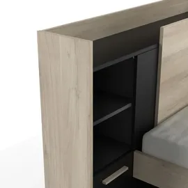 Demeyere Lit 90x190/200 Avec Rangement 1 Porte 3 Niches 1 tiroir – Noir Mat und Chêne Clair -124,5 x 226,9 x 90,5 cm, Eichenbürste/Mattschwarz, Eichenbürste/Mattschwarz
