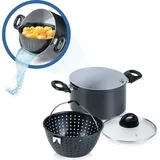 Genius Cerafit Magic Pot Kochtopf-Set 20cm - Topf 3,7l mit Siebeinsatz & Glas-Deckel für einfaches Kochen, Drehen, Dünsten & Servieren der Pasta | Nudeltopf für alle Herdarten, A24661,