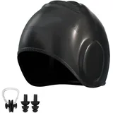 Silikon Badekappe Ohrenschutz Junior Unisex Schwimmkappe UV-Schutz Schwarz 23cm mit Ohrstöpseln Set Hypoallergene Wasserdichte Schwimmkappe für Damen Herren Kinder Badehaube mit Ohrstöpsel Nasenklemme