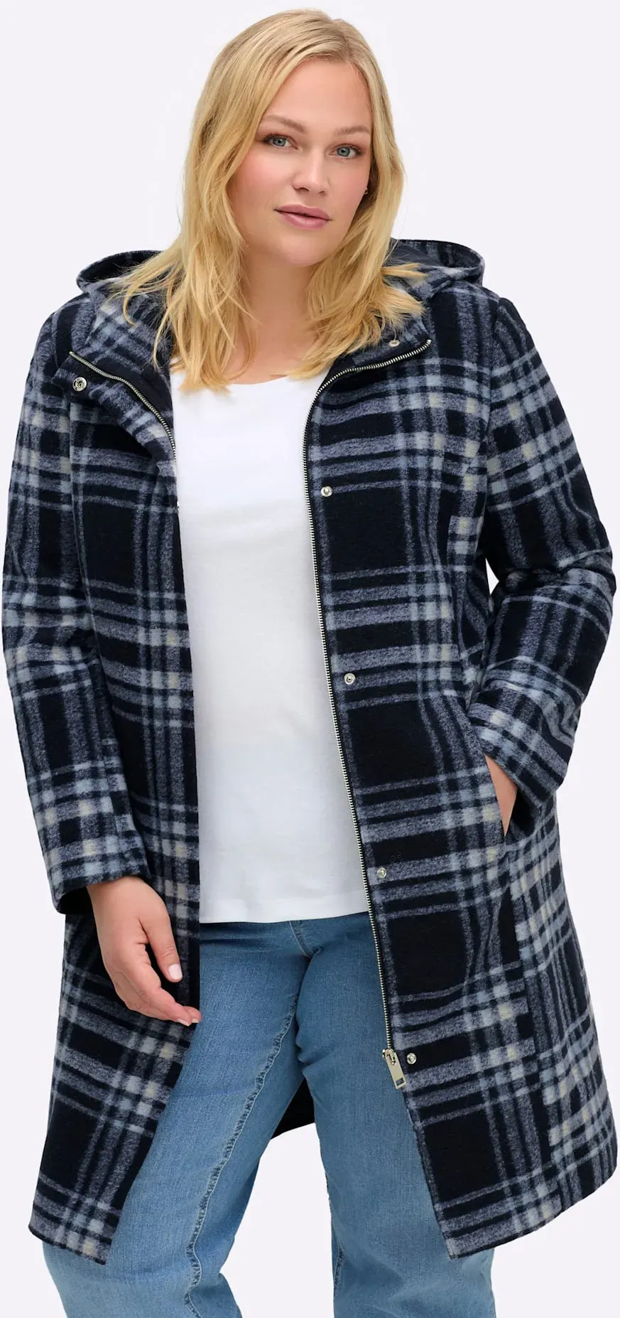 Wintermantel SHEEGO, Damen, Gr. 48, tiefblau, eisblau, kariert, 90% Polyester, 10% Wolle, kariert, Mäntel Wintermantel