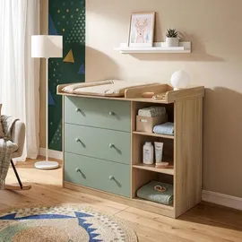 [en.casa] Wickelkommode Beldinupp mit abnehmbarer Wickelaufsatz 93 x 110 x 55 cm Eicheoptik / Grün