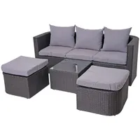 Mendler 3in1-Garnitur HWC-J37, Garten-/Lounge-Set Sonneninsel, Spun Poly Poly-Rattan MVG ~ anthrazit, Kissen hellgrau