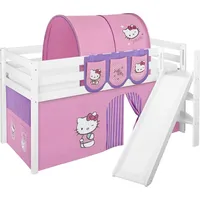 Spielbett JELLE 90 x 200 cm Hello Kitty Lila - Hochbett LILOKIDS - Weiß - mit schräger Rutsche und Vorhang - Lila