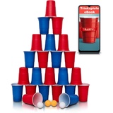 Beerpong Becher spülmaschinenfest 20Stk. aus Hartplastik. XXL-Set in Blau und Rot mit E-Book und 4 Bällen