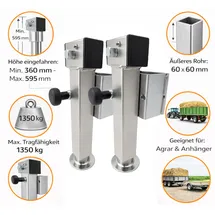 PRO PLUS 2x Abstellstütze 360–595 mm – Kurbelstütze Anhänger je 1350 kg Tragkraft Anhängerstütze SF60-D85-SW19-225+ADAP
