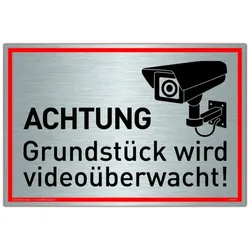 Schild Achtung Grundstück wird videoüberwacht! Silber | stabiles Alu Schild mit UV-Schutz 30 x 20 cm