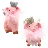Dekohelden24 Keramik Deko-Schweine mit Krone und Glitter im 2er Set, in Pink-Rosa, L/B/H 4 x 5 x 8 cm.