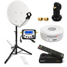 PremiumX Camping Komplett HD SAT Anlage 45cm Satelliten-Schüssel Single LNB Kabel Dreibein Stativ TV Receiver Sat-TV-Signalfinder
