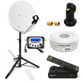 PremiumX Camping Komplett HD SAT Anlage 45cm Satelliten-Schüssel Single LNB Kabel Dreibein Stativ TV Receiver Sat-TV-Signalfinder