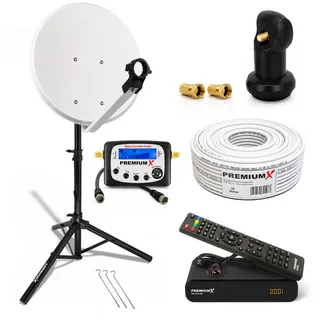 PremiumX Camping Komplett HD SAT Anlage 45cm Satelliten-Schüssel Single LNB Kabel Dreibein Stativ TV Receiver Sat-TV-Signalfinder