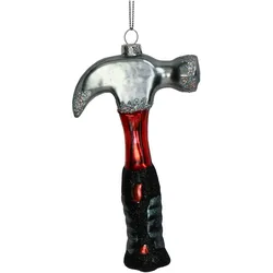Christbaumschmuck Glas 13,3cm Hammer Figur Handbemalt & mit Glitzer Weihnachtsbaum Anhänger Weihnachten Weihnachtsbaumschmuck Werkzeug Rot Silber