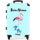 NoBoringSuitcases.com® Kinderkoffer Mädchen, 67 cm - 72 L - Reisekoffer Personalisiert - Hartschalenkoffer Blau Rosa - Koffer Flamingo - Koffer Mittelgroß mit Rollen - Rollkoffer mit Namen