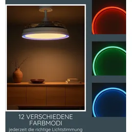 Melitec Deckenleuchte mit Ventilator DV07, Deckenventilator mit LED-Beleuchtung, leise, RGB-Licht, verschiedene Farbmodi, dimmbar, weiß, Fernbedie... - Weiß